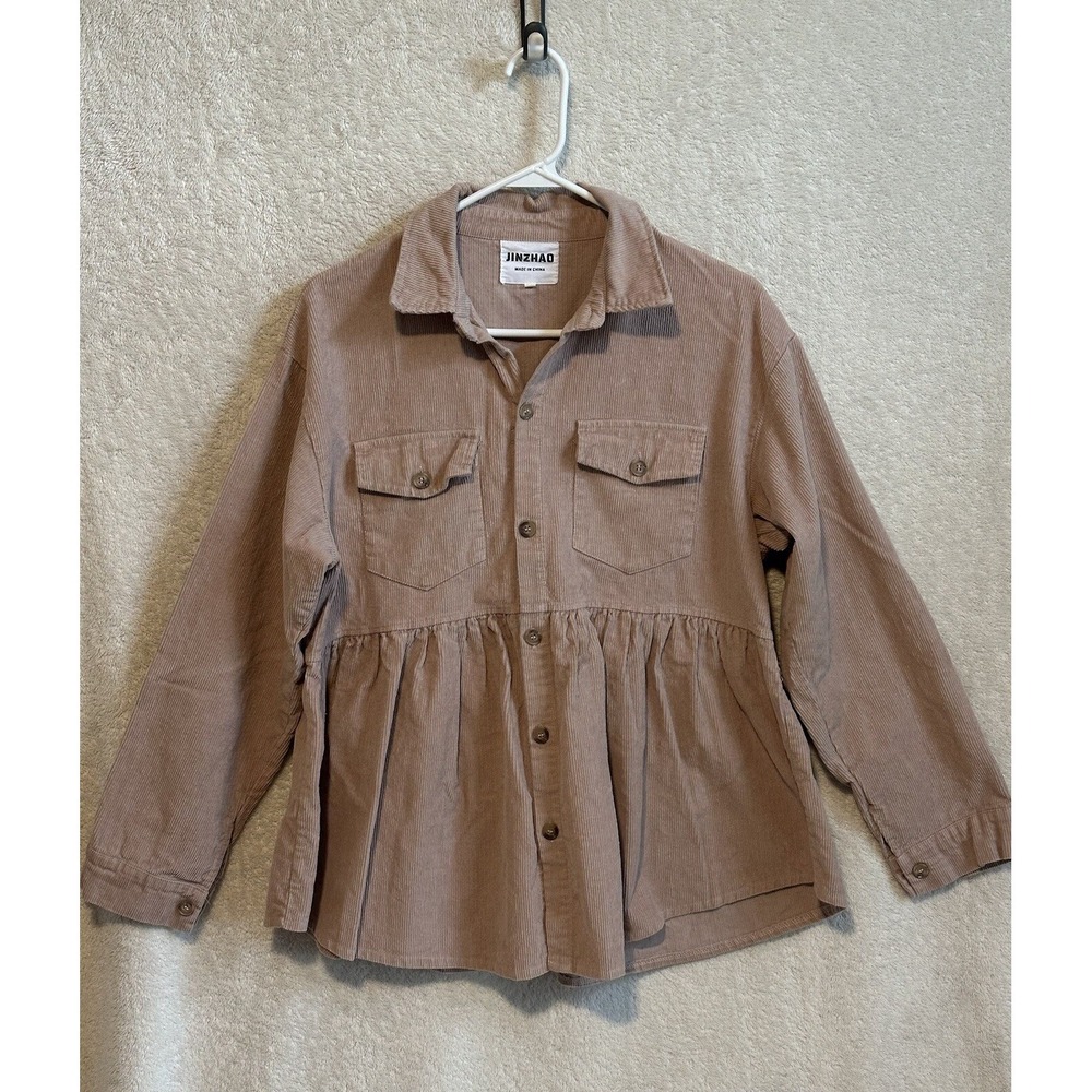 JINZHAO Womens Corduroy Peplum Large Tan Top Long Sleeve Button Down Blouses